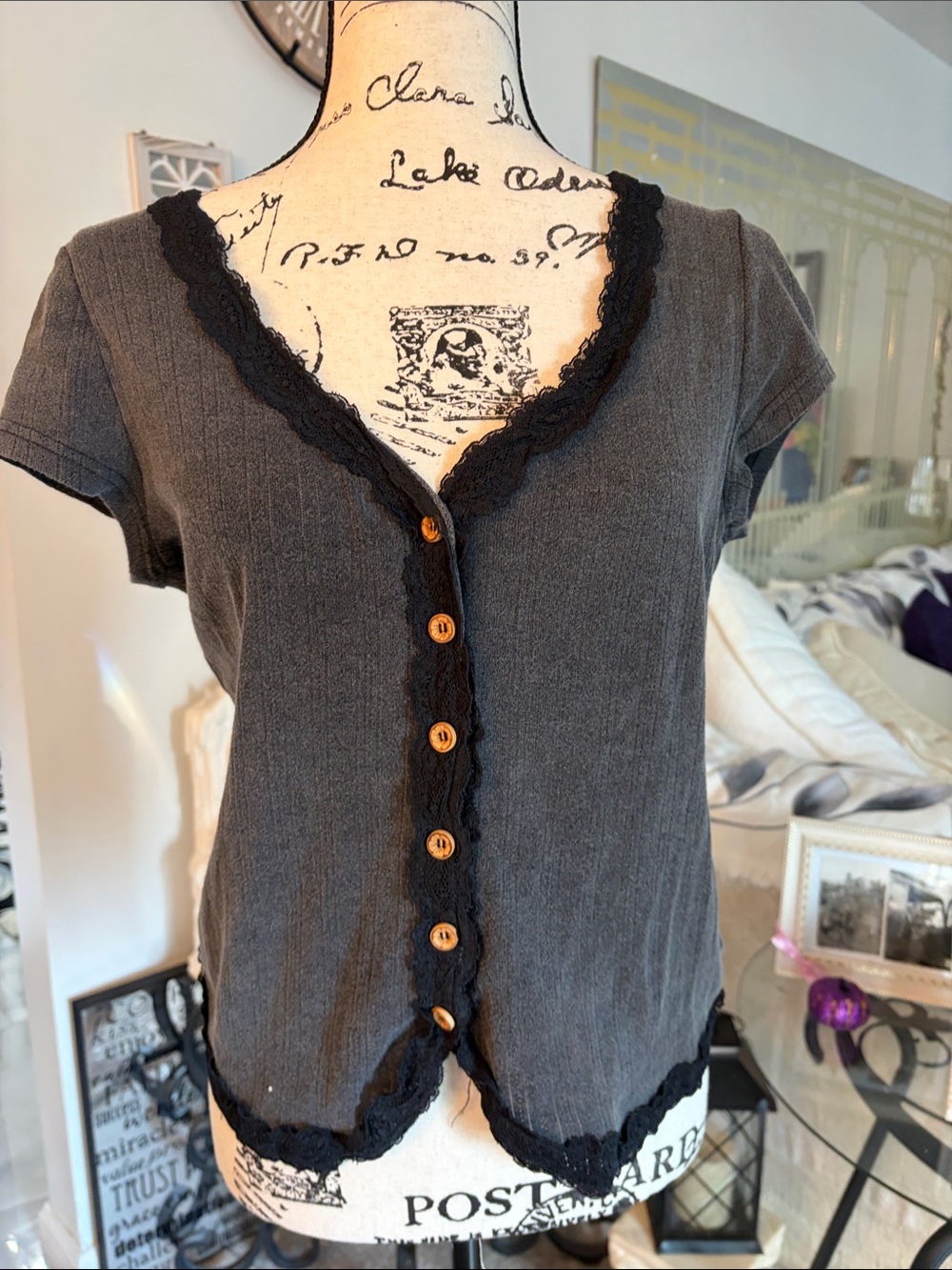 SHEIN Charcoal Gray Short-Sleeve Button Down Top with Black Lace Trim